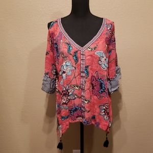 DEMOCRACY COLD SHOULDER BOHO BLOUSE.SZ L.